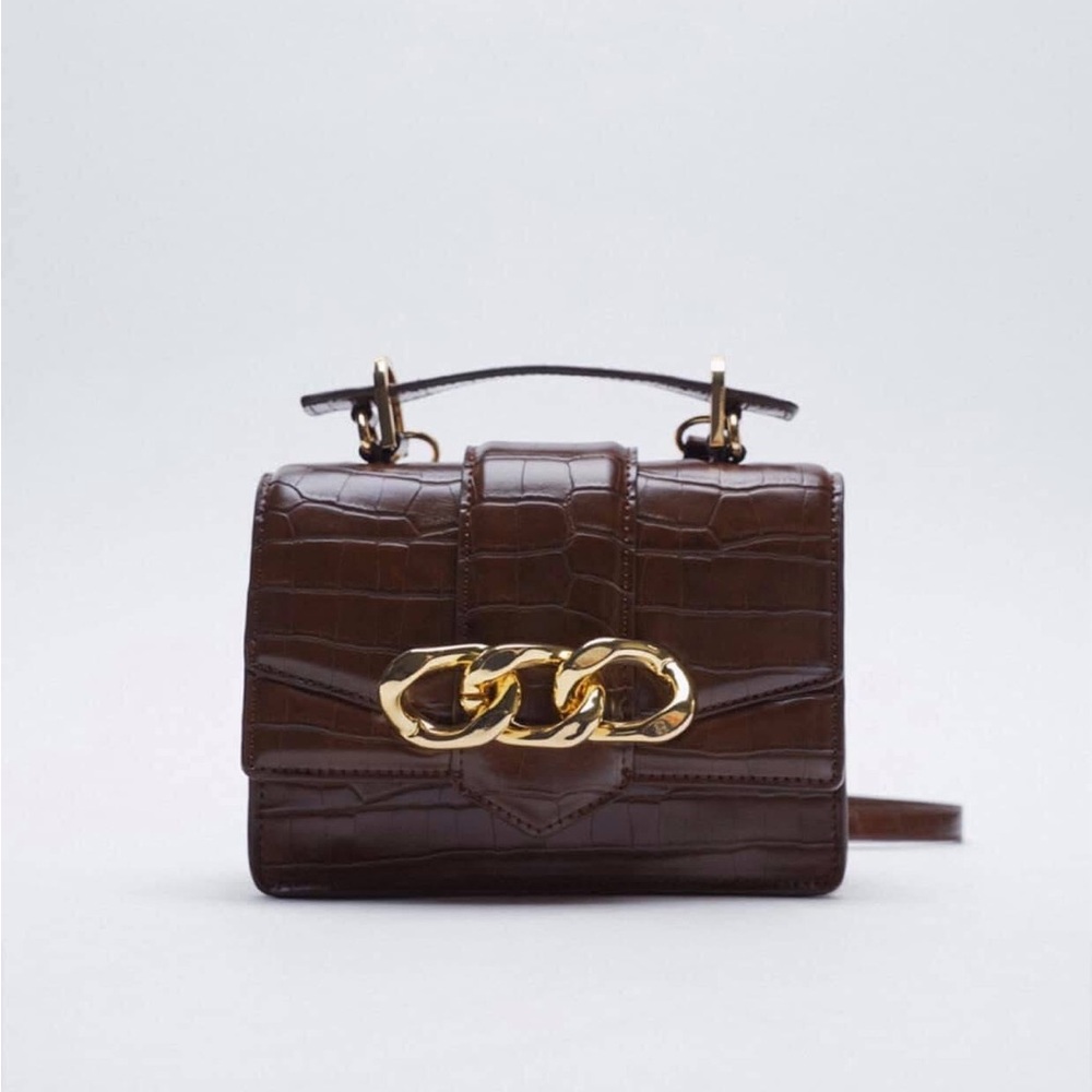 Zara 6400710100  Elegant Brown Croc-Embossed Handbag with Gold Chain